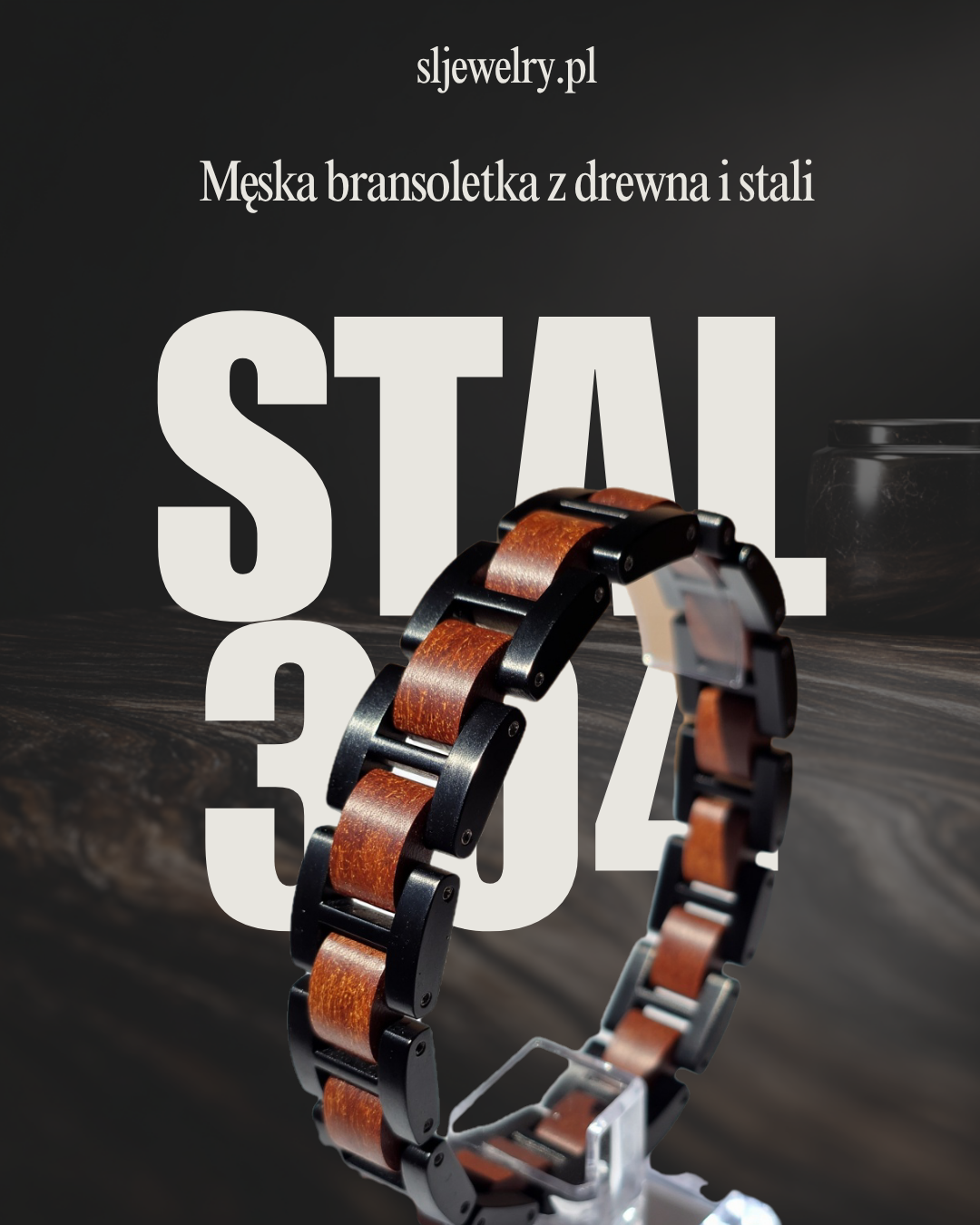 Męska bransoletka ze stali nierdzewnej i dębu w skórzanym pudełku prezentowym, elegancki dodatek dla mężczyzn, bransoletka stal i drewno, luksusowy prezent dla niego