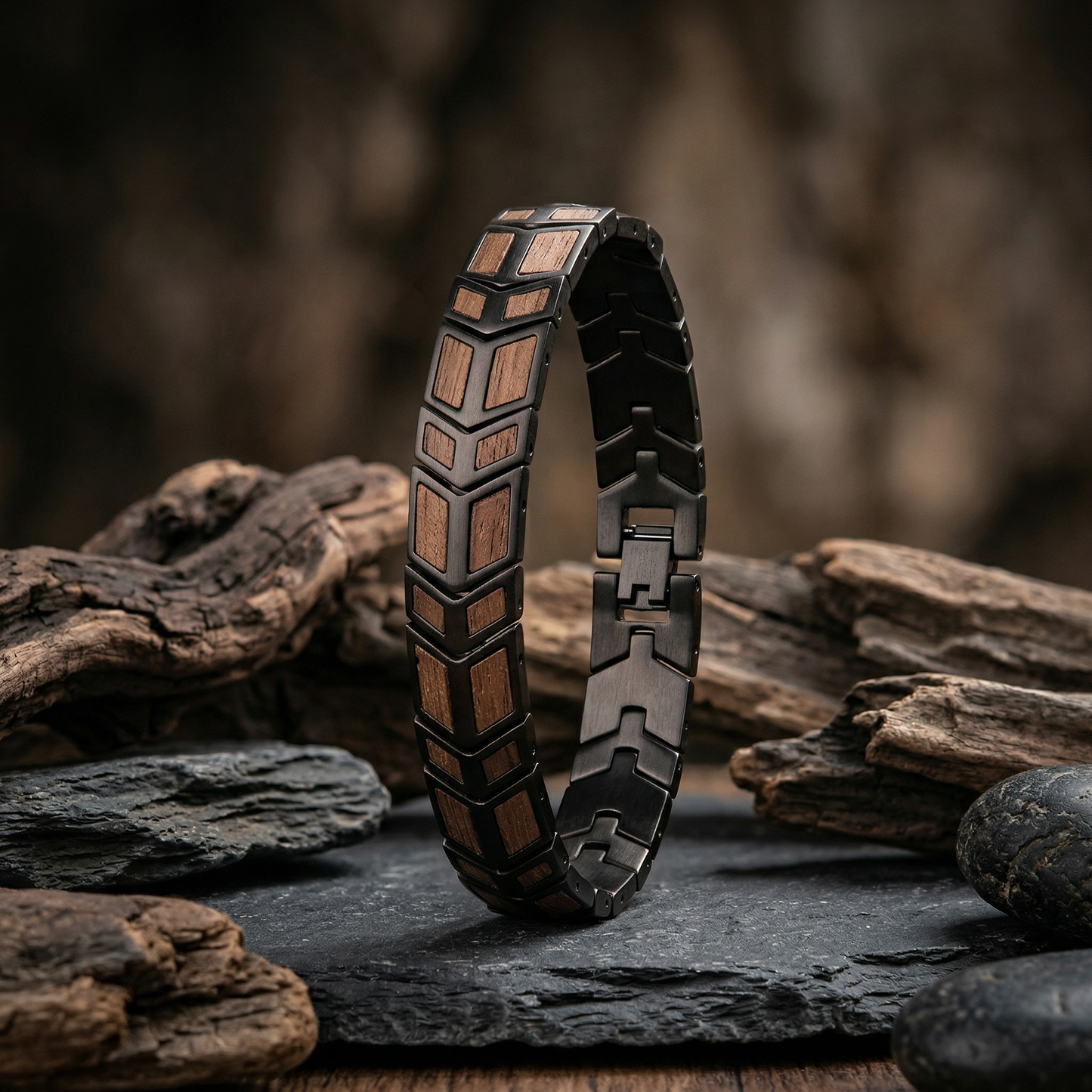 Męska bransoletka “SHADOW FORCE” z drewna Olive Wood i stali — nowoczesny styl z charakterem