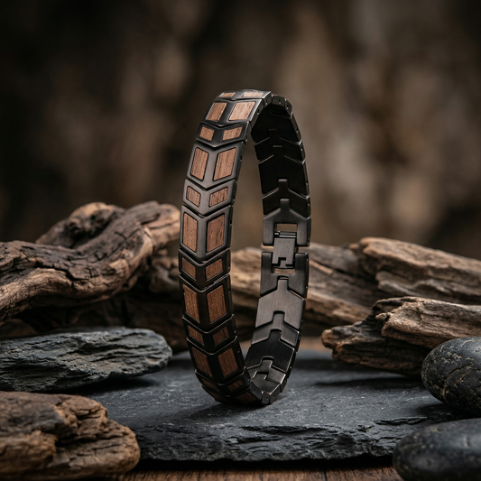 Męska bransoletka “SHADOW FORCE” z drewna Olive Wood i stali — nowoczesny styl z charakterem
