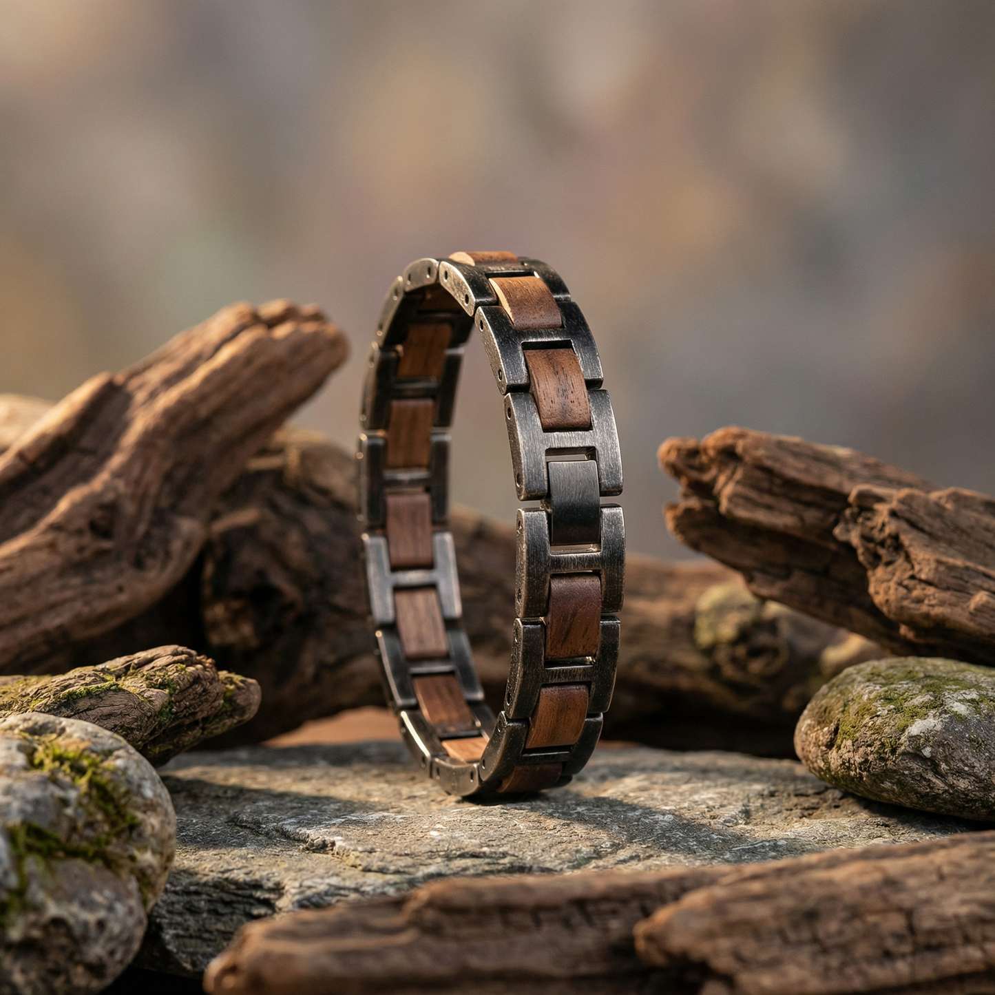 Masywna męska  “DARK OAK” bransoletka z drewna Walnut i ciemnej stali — mocny charakter i nowoczesny styl premium