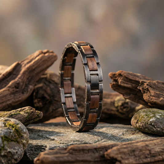 Masywna męska  “DARK OAK” bransoletka z drewna Walnut i ciemnej stali — mocny charakter i nowoczesny styl premium