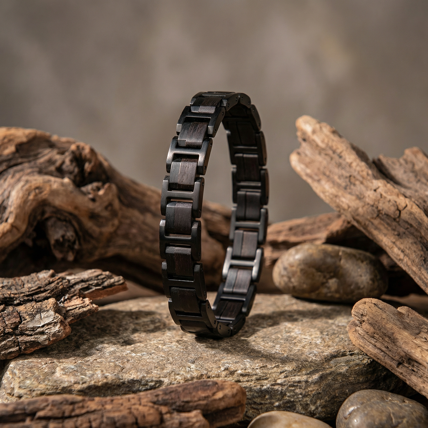 Męska bransoletka SL JEWELRY “BLACK LEGEND” z drewna ebony i czarnej stali — brutalna elegancja dla prawdziwego mężczyzny