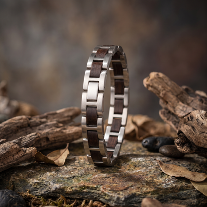 Elegancka męska bransoletka “SILVER WOOD” z drewna Walnut i srebrnej stali — nowoczesny luksus w minimalistycznym wydaniu