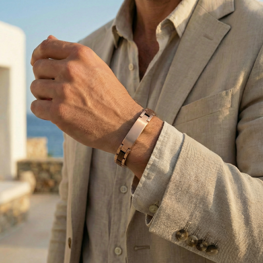 Męska bransoletka “GOLDEN WOOD” z drewna Walnut i stali — elegancja, minimalizm i luksusowy styl