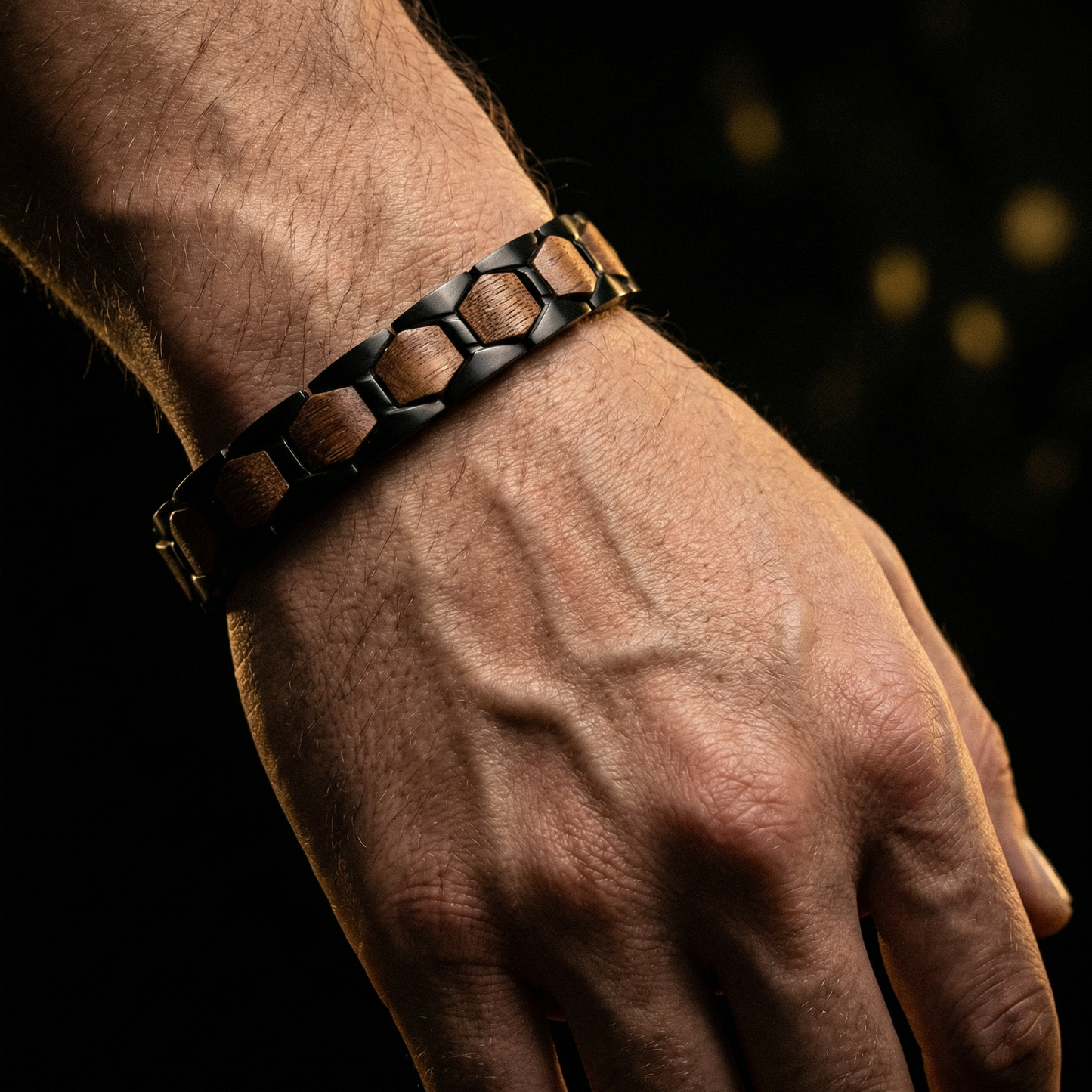 Męska bransoletka SL JEWELRY „Ciemny Orzech" — Drewno naturalne + Stal 304 | Wodoodporna | Biznes & Casual | Skórzane pudełko gratis