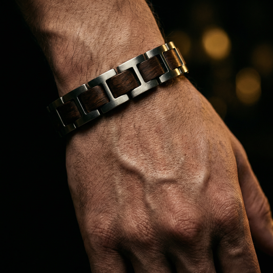 Elegancka męska bransoletka “SILVER WOOD” z drewna Walnut i srebrnej stali — nowoczesny luksus w minimalistycznym wydaniu