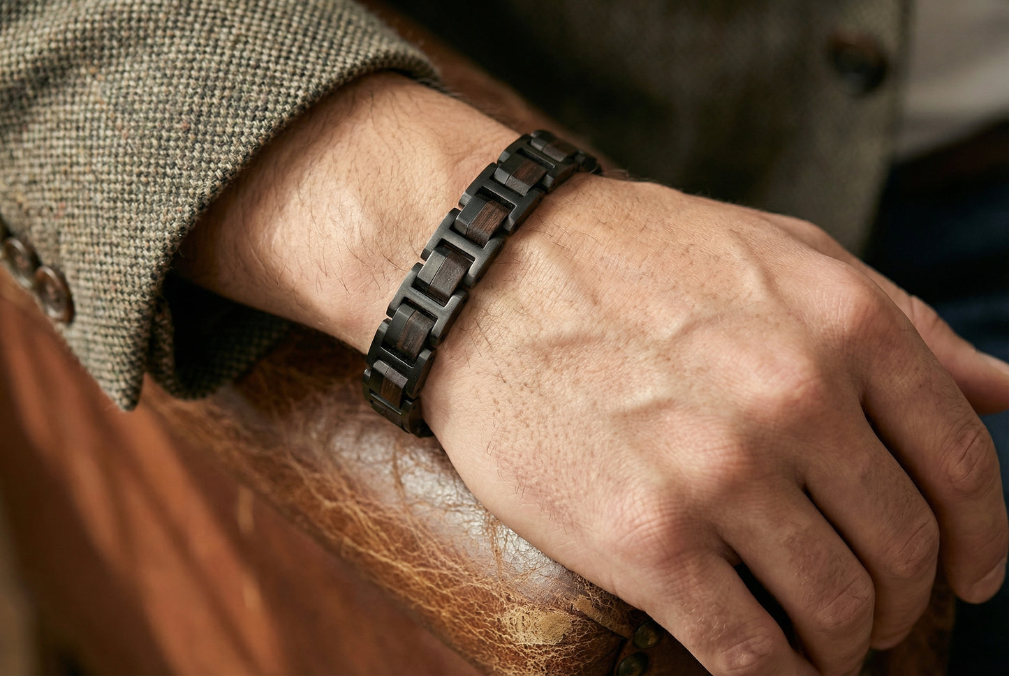 Męska bransoletka z drewna hebanowego i stali nierdzewnej 304