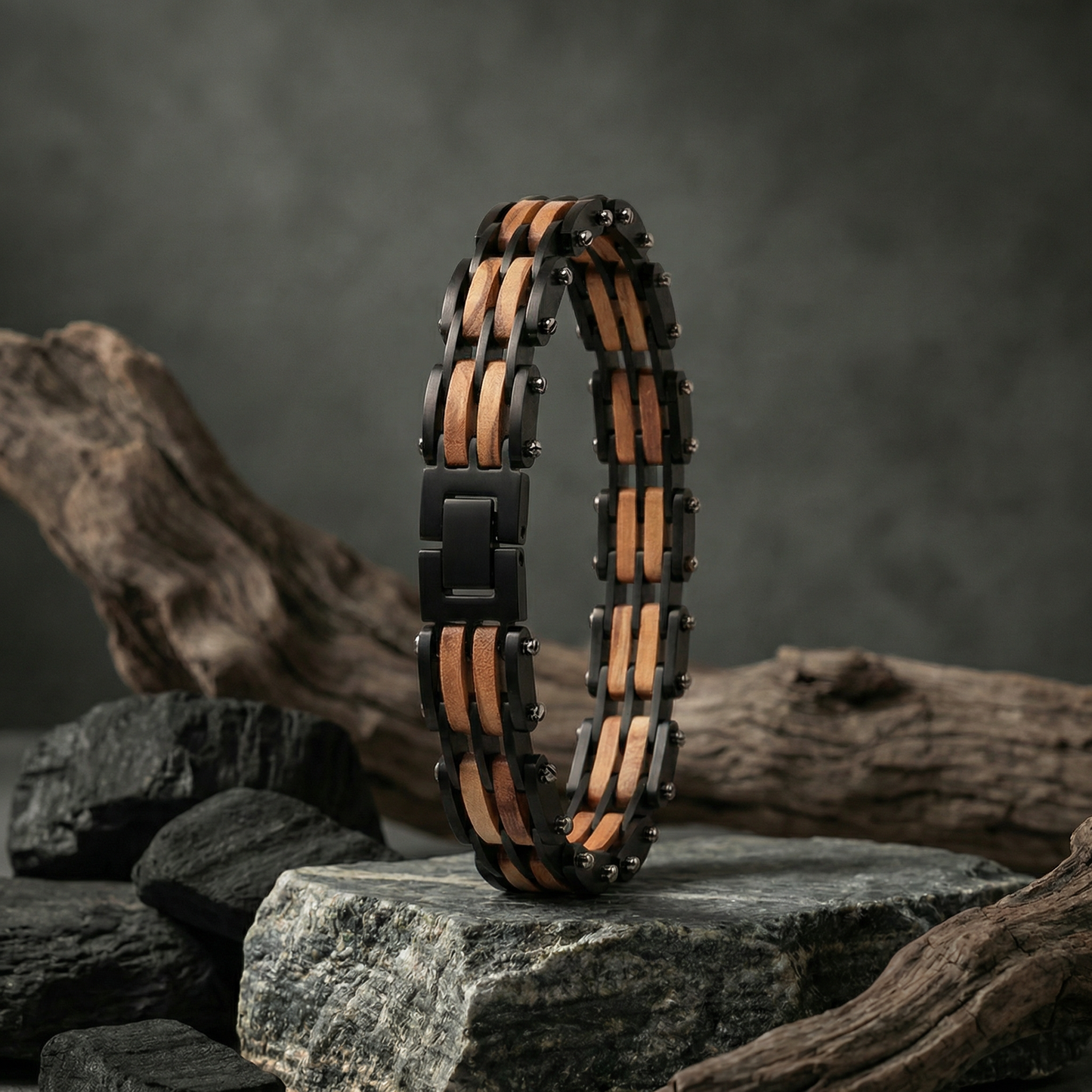 Męska bransoletka “TITAN WOOD” z naturalnego drewna i stali — dodaj charakteru swojemu stylowi
