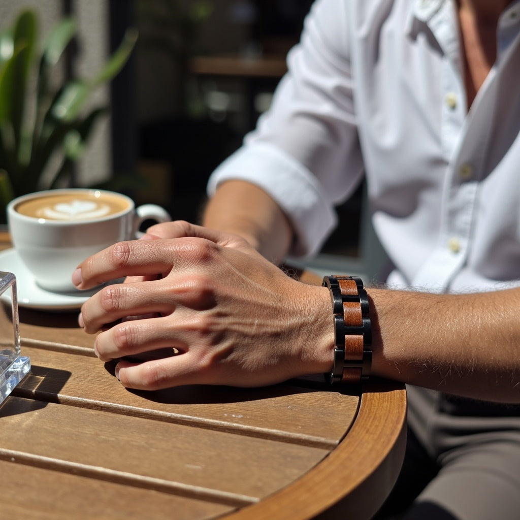 Męska bransoletka ze stali nierdzewnej i dębu w skórzanym pudełku prezentowym, elegancki dodatek dla mężczyzn, bransoletka stal i drewno, luksusowy prezent dla niego