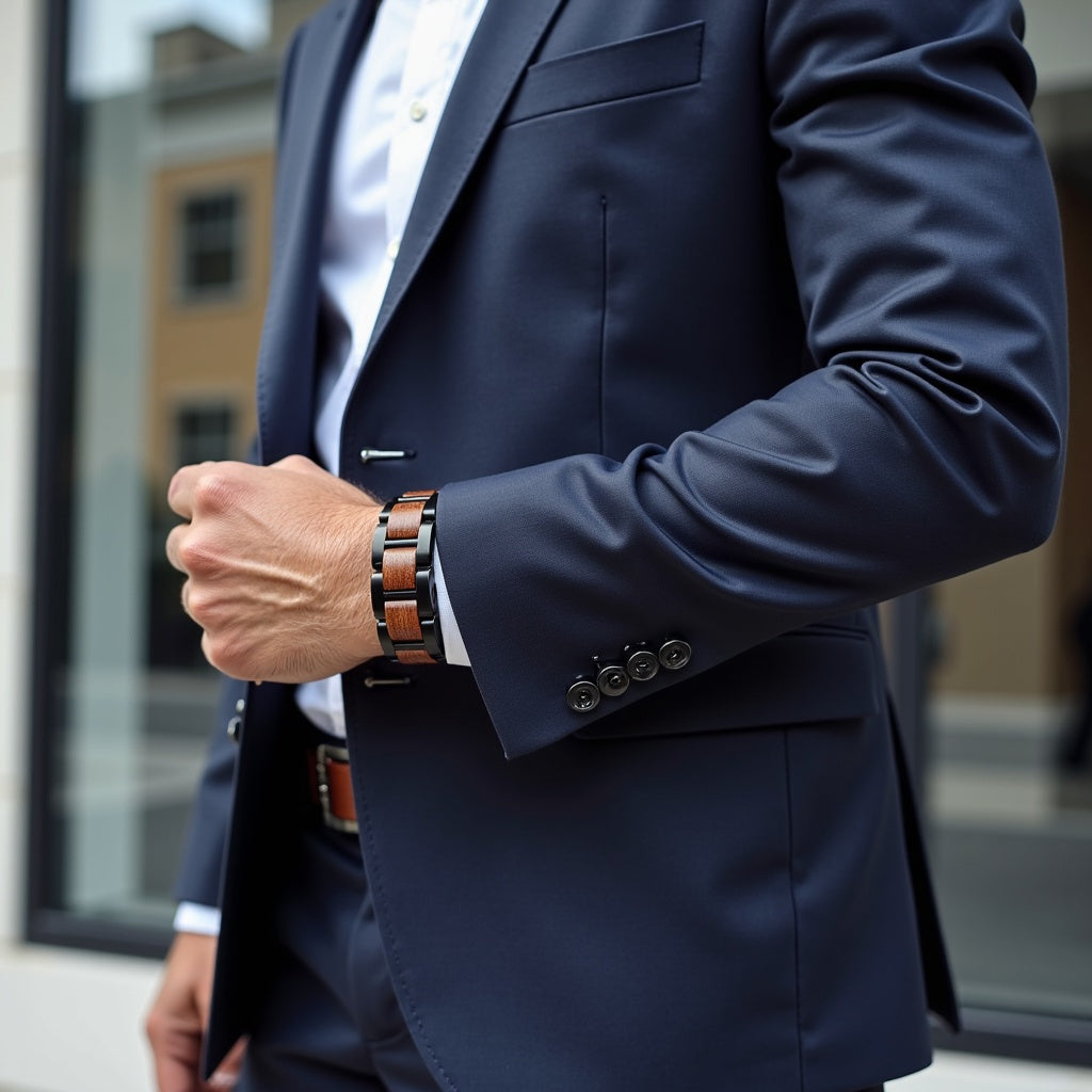 Męska bransoletka ze stali nierdzewnej i dębu w skórzanym pudełku prezentowym, elegancki dodatek dla mężczyzn, bransoletka stal i drewno, luksusowy prezent dla niego