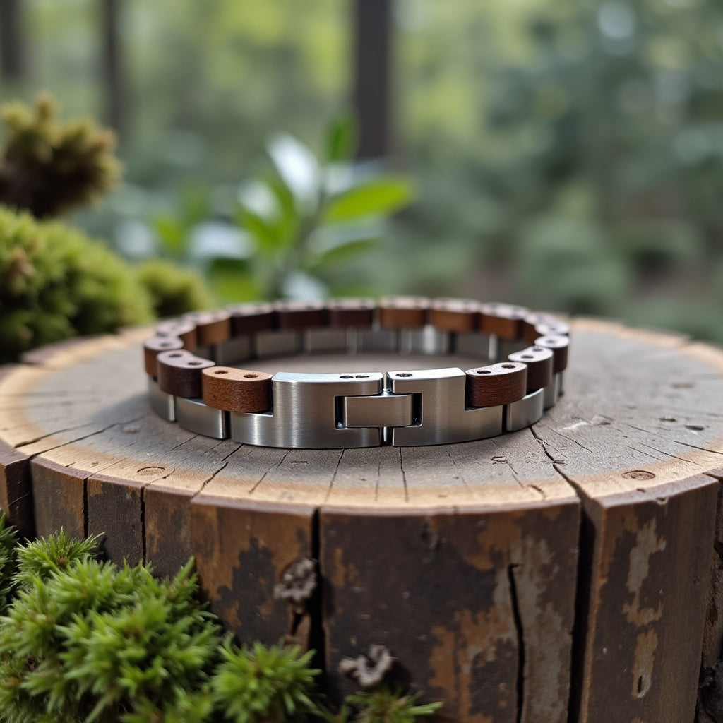Męska bransoleta ze stali nierdzewnej i naturalnego drewna