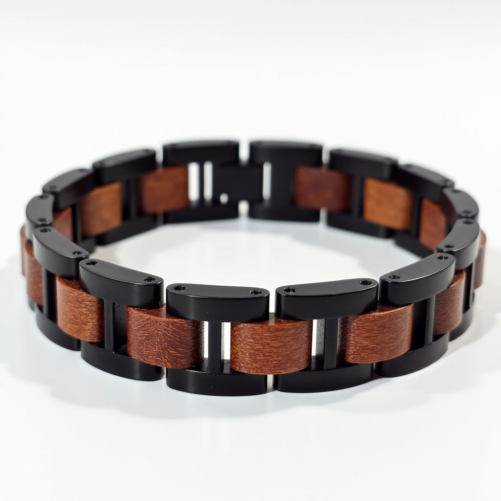 Męska bransoletka ze stali nierdzewnej i dębu w skórzanym pudełku prezentowym, elegancki dodatek dla mężczyzn, bransoletka stal i drewno, luksusowy prezent dla niego