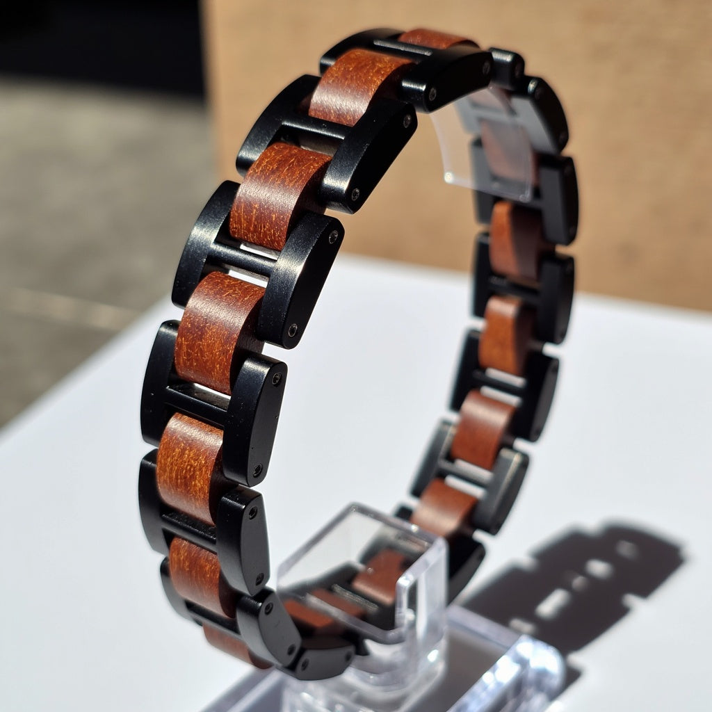 Męska bransoletka ze stali nierdzewnej i dębu w skórzanym pudełku prezentowym, elegancki dodatek dla mężczyzn, bransoletka stal i drewno, luksusowy prezent dla niego