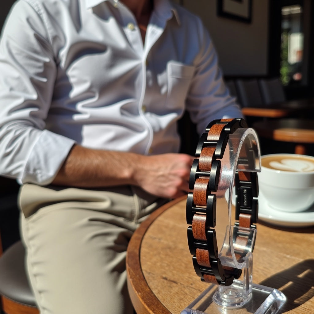Męska bransoletka ze stali nierdzewnej i dębu w skórzanym pudełku prezentowym, elegancki dodatek dla mężczyzn, bransoletka stal i drewno, luksusowy prezent dla niego
