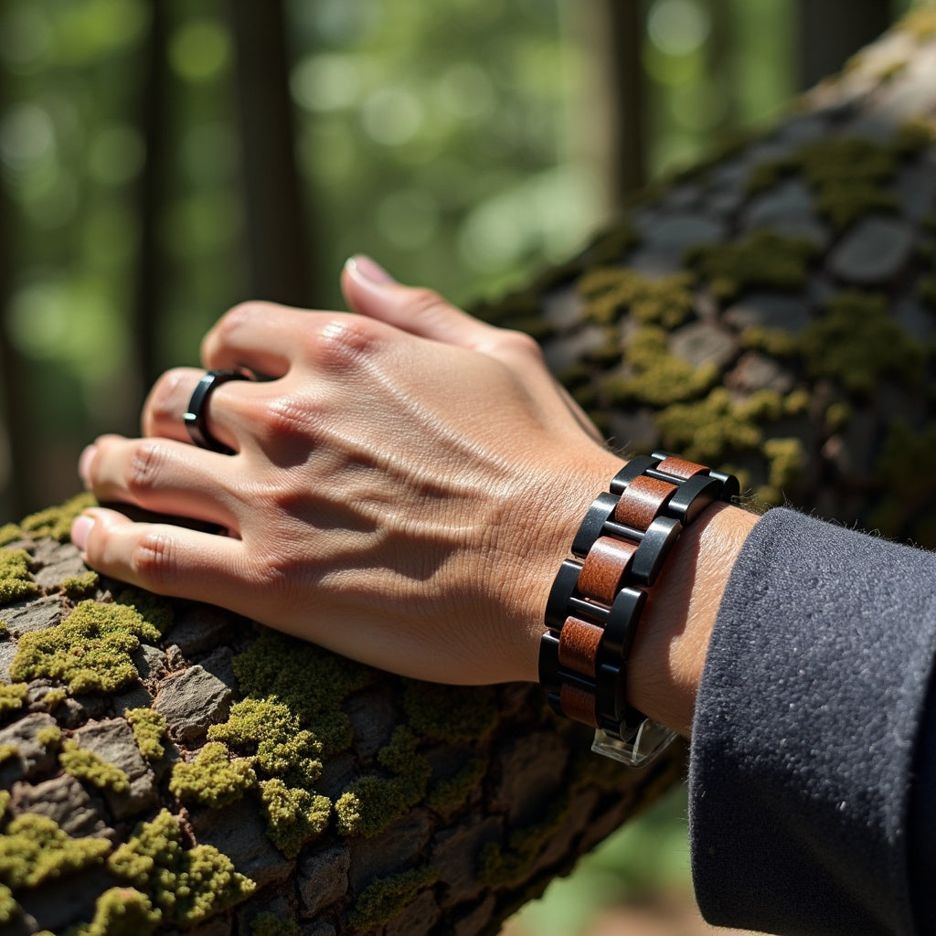 Męska bransoletka ze stali nierdzewnej i dębu w skórzanym pudełku prezentowym, elegancki dodatek dla mężczyzn, bransoletka stal i drewno, luksusowy prezent dla niego