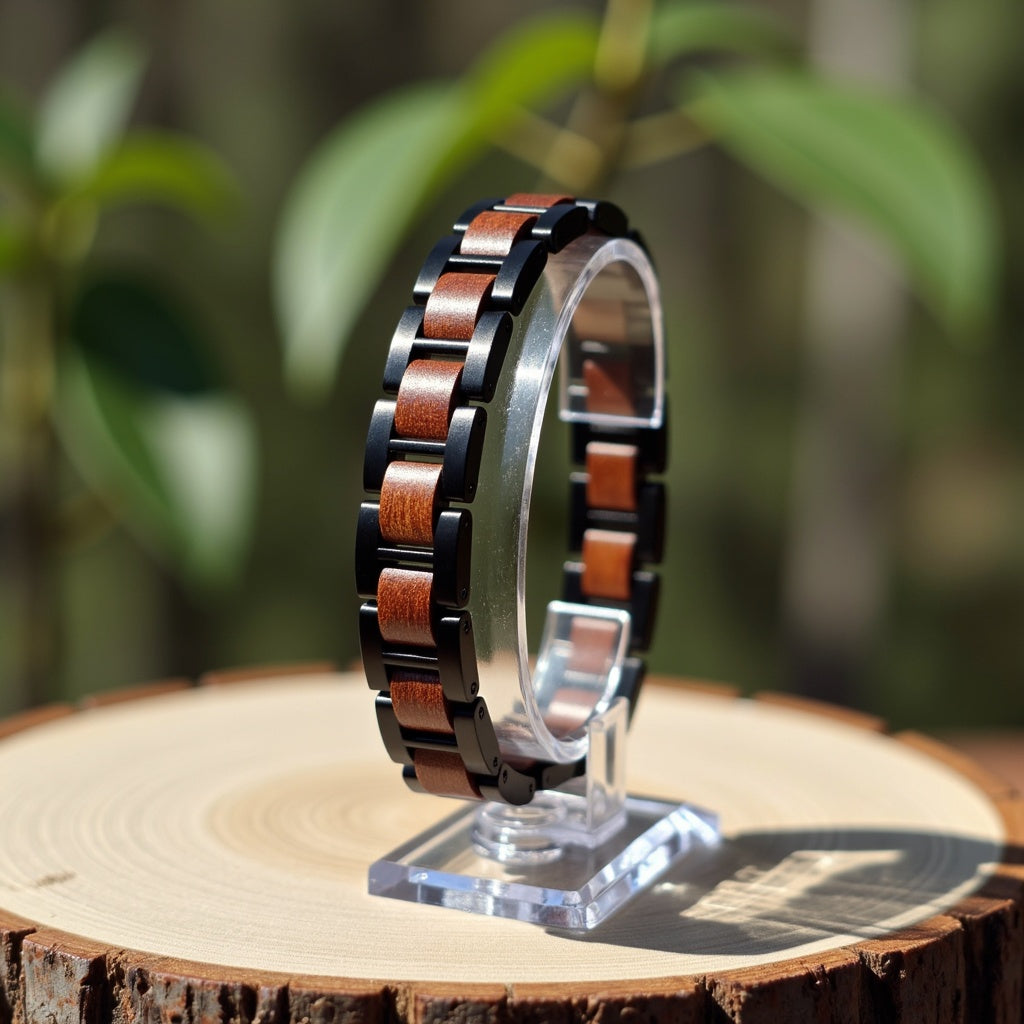Męska bransoletka ze stali nierdzewnej i dębu w skórzanym pudełku prezentowym, elegancki dodatek dla mężczyzn, bransoletka stal i drewno, luksusowy prezent dla niego