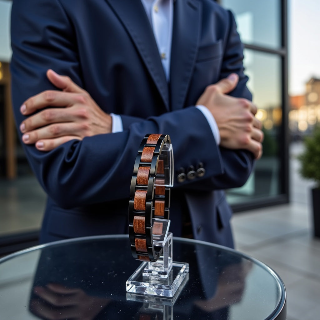 Męska bransoletka ze stali nierdzewnej i dębu w skórzanym pudełku prezentowym, elegancki dodatek dla mężczyzn, bransoletka stal i drewno, luksusowy prezent dla niego