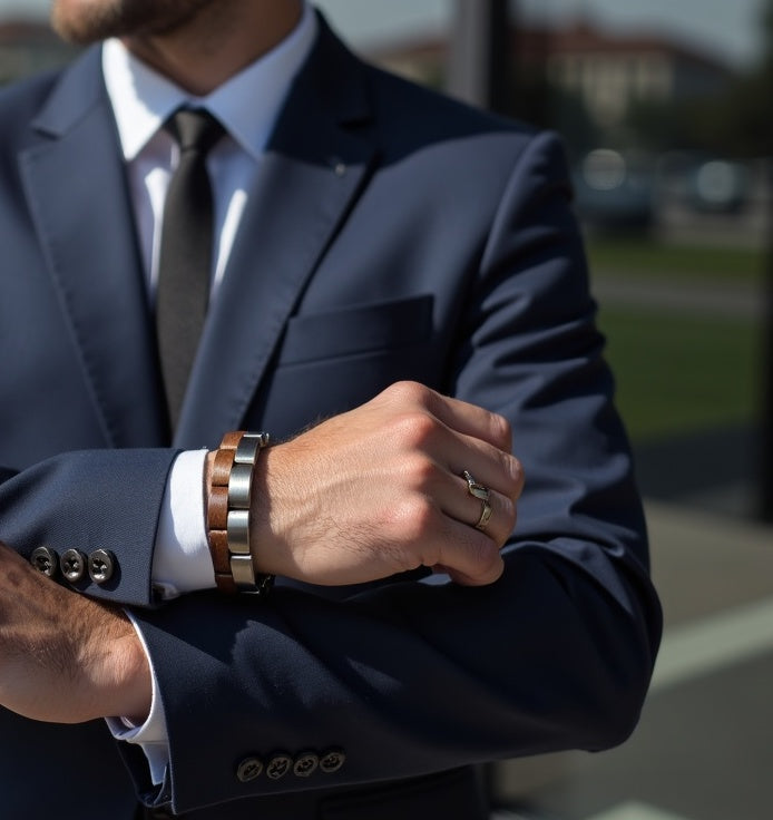 Męska bransoleta ze stali nierdzewnej i naturalnego drewna