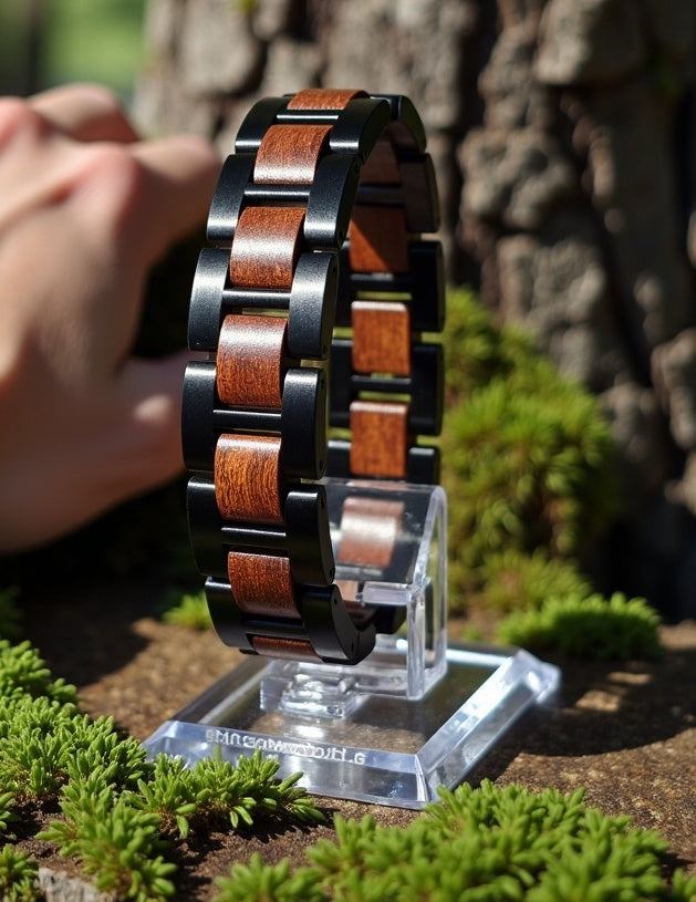 Męska bransoletka ze stali nierdzewnej i dębu w skórzanym pudełku prezentowym, elegancki dodatek dla mężczyzn, bransoletka stal i drewno, luksusowy prezent dla niego