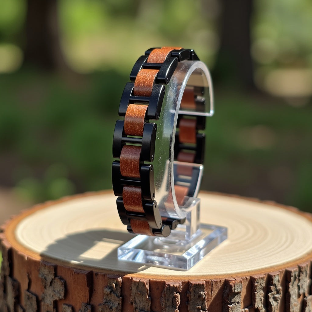 Męska bransoletka ze stali nierdzewnej i dębu w skórzanym pudełku prezentowym, elegancki dodatek dla mężczyzn, bransoletka stal i drewno, luksusowy prezent dla niego