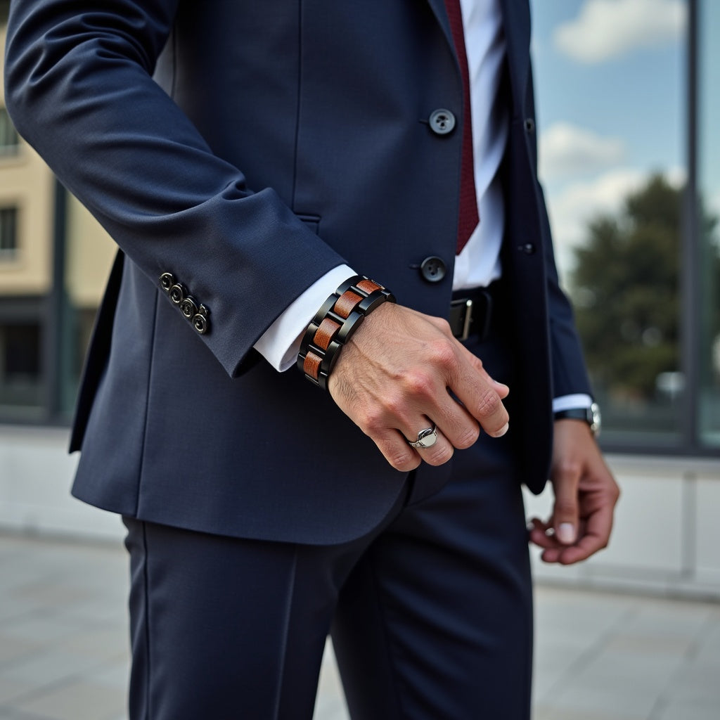 Męska bransoletka ze stali nierdzewnej i dębu w skórzanym pudełku prezentowym, elegancki dodatek dla mężczyzn, bransoletka stal i drewno, luksusowy prezent dla niego