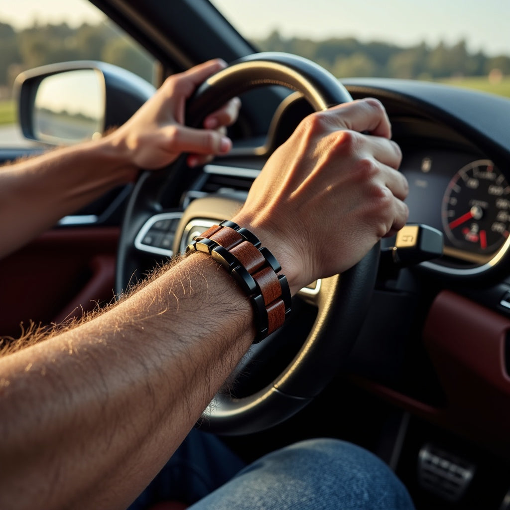 Męska bransoletka ze stali nierdzewnej i dębu w skórzanym pudełku prezentowym, elegancki dodatek dla mężczyzn, bransoletka stal i drewno, luksusowy prezent dla niego