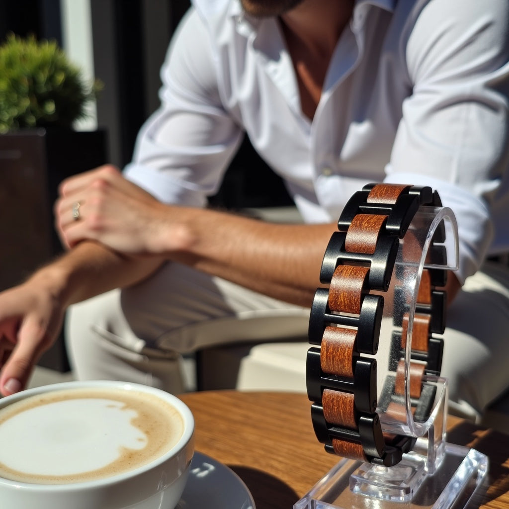 Męska bransoletka ze stali nierdzewnej i dębu w skórzanym pudełku prezentowym, elegancki dodatek dla mężczyzn, bransoletka stal i drewno, luksusowy prezent dla niego