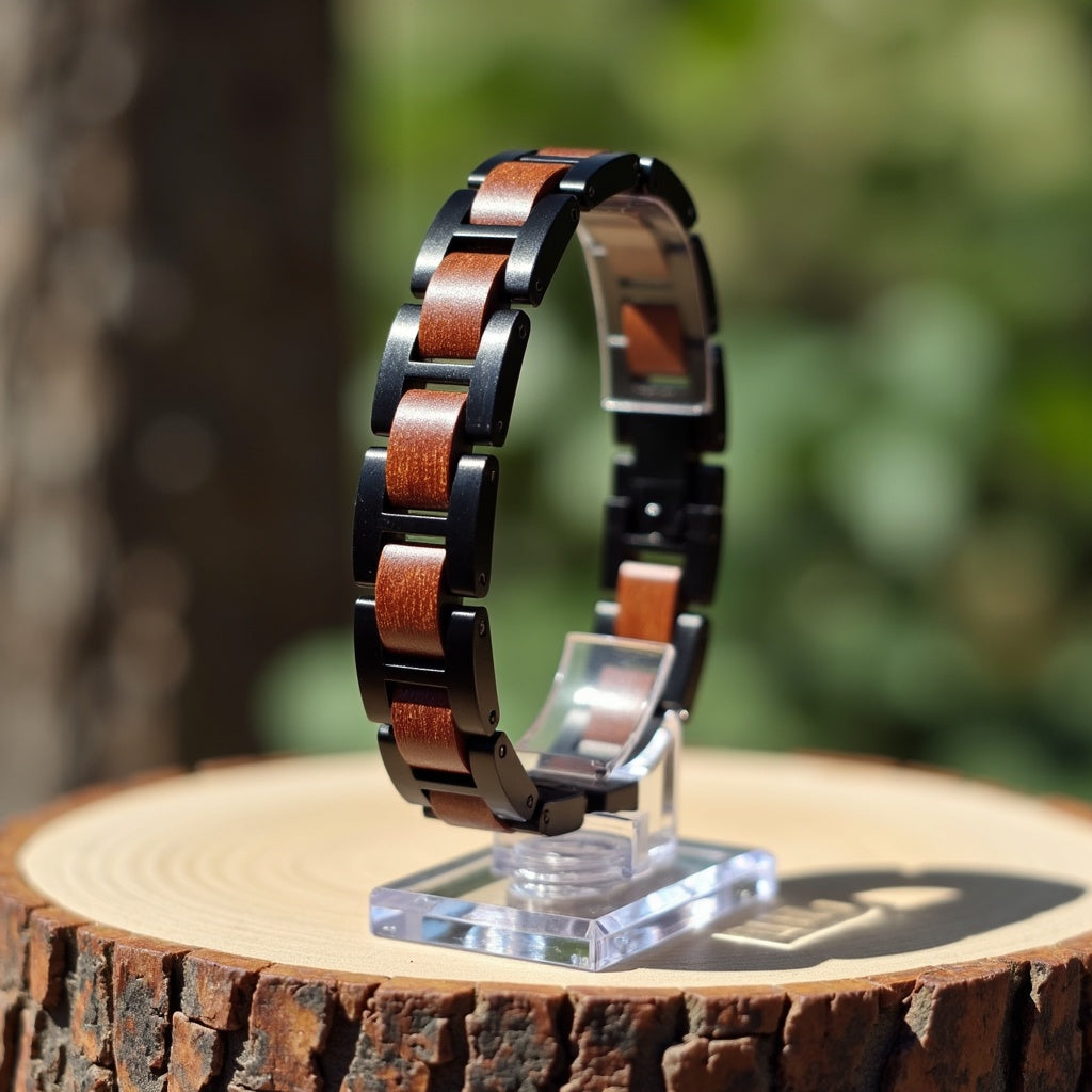 Męska bransoletka ze stali nierdzewnej i dębu w skórzanym pudełku prezentowym, elegancki dodatek dla mężczyzn, bransoletka stal i drewno, luksusowy prezent dla niego