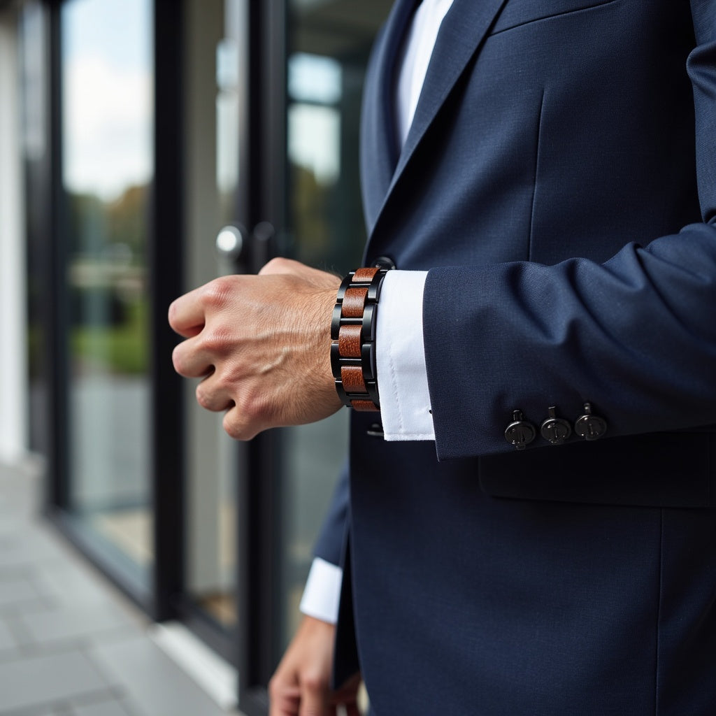 Męska bransoletka ze stali nierdzewnej i dębu w skórzanym pudełku prezentowym, elegancki dodatek dla mężczyzn, bransoletka stal i drewno, luksusowy prezent dla niego