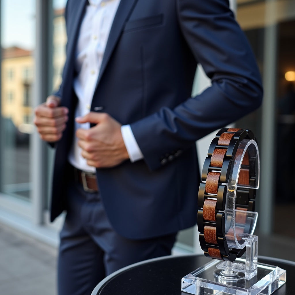 Męska bransoletka ze stali nierdzewnej i dębu w skórzanym pudełku prezentowym, elegancki dodatek dla mężczyzn, bransoletka stal i drewno, luksusowy prezent dla niego